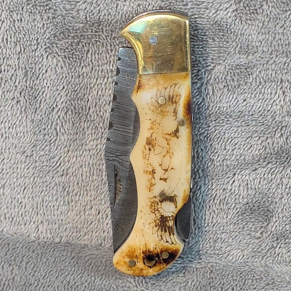 Delta Knives Damascus 3 Inch‎ Drop Point Brass Carved Skull Wings... - Picture 12 of 12